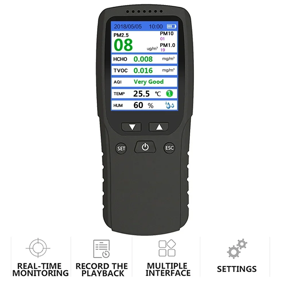 LCD 화면 및 Pm2.5 감지 기능을 갖춘 검정색 ABS 공기 모니터