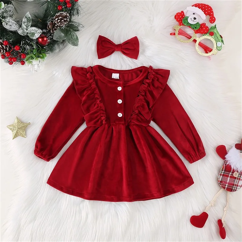 Kids Girls Velvet Dress Ruffled Trim Long Sleeve Button-up Dresses Bow Headband Adorable Outfits