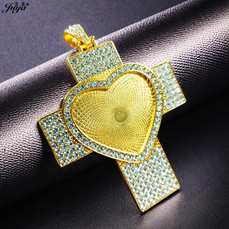 2pcs/lot Blank Cross Pendant Setting Bezel 30mm Heart Cabochon Base Tray For DIY Commemorat Jewelry Making Accessories