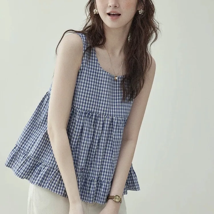 Cool vest, blue grid sleeveless shirt, women's summer anti-aging doll shirt, top
