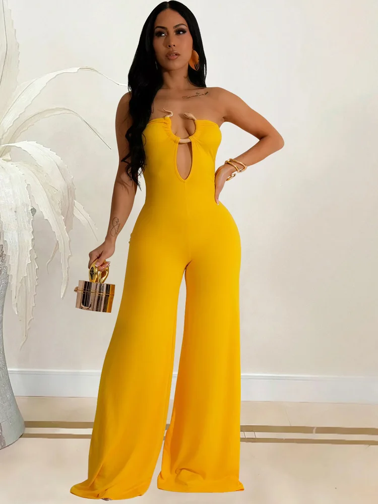 Kricesseen Solid Hollow Out Patchwork Strapless Wide Legs Jumpsuits Snake Metal One Piece Outfits Rompers Night Club Overalls