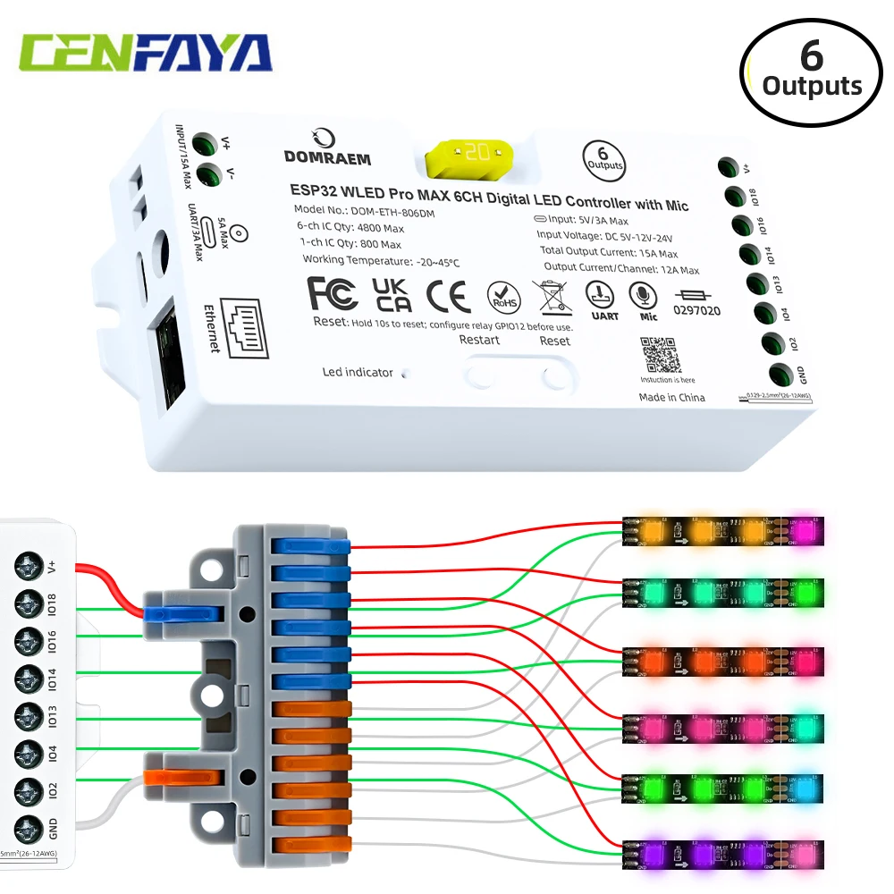 Elite ESP32 WLED LED Strip Light Controller 6 Outputs Ethernet Microphone UART Energy DIY Dynamic for Digital Addressable RGBIC