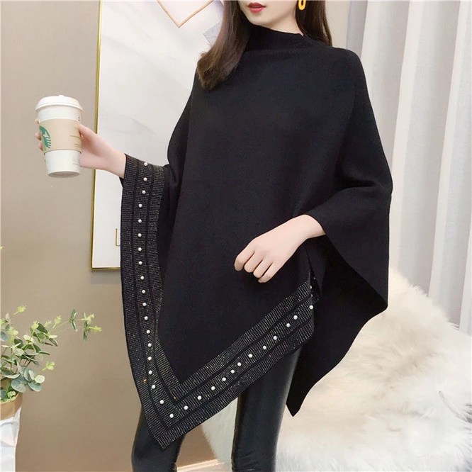 New Autumn Fashion Winter Diamonds Knit Wool Shawl Cloak Loose Plus Size Solid Woman Poncho Cape Pullover Pearl Girl  Red