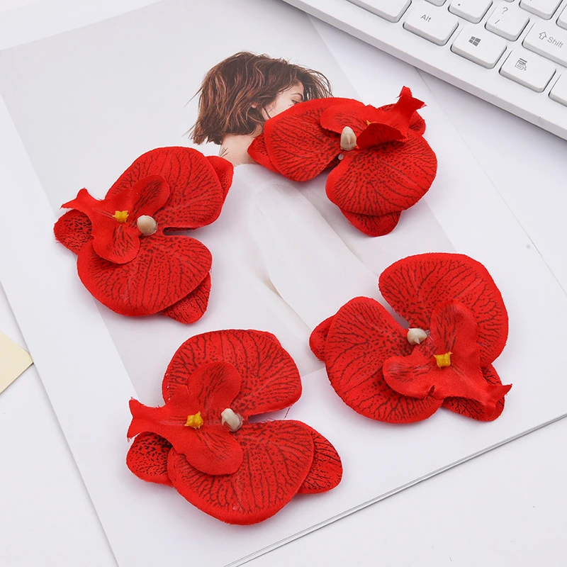 100pcs Simulation Butterfly Orchid Flower Head Wedding Cake Decor Butterfly Orchid Flower Headdress Hair Clip DIY Flower Cabeza