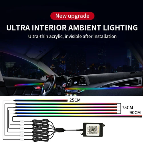 Imagen 2 del producto Kit de luces ambientales sinfónicas para coche, 18 en 1, LED, Interior, RGB, Control por aplicación, tira guía acrílica, lámpara de ambiente automático
