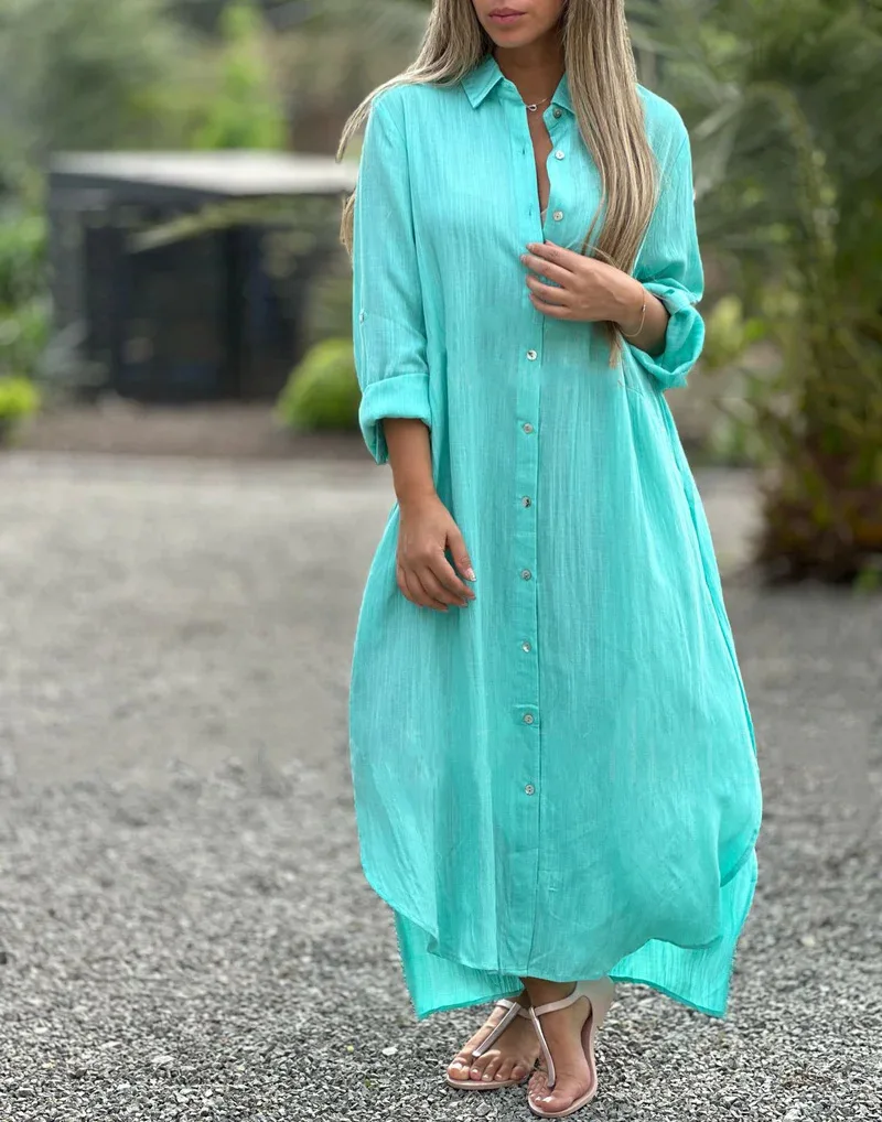 Cotton Linen Shirt Long Dress for Women Casual Long-sleeved Cardigan Muslim Dress Women Kaftan Single-breasted Vestidos De Mujer