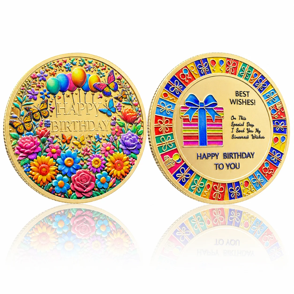 Happy Birthday To You Gold Coin Collectibles Best Wishes Medal Flower Balloon Gift Box Pattern Kawaii Blessing Lucky Badge