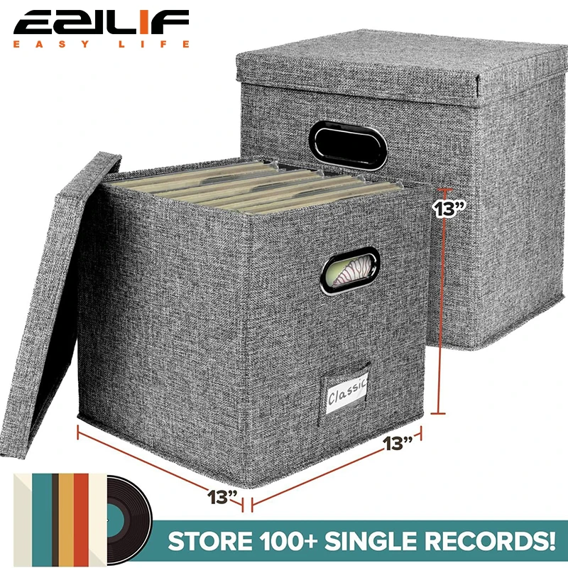 Foldable Linen Fabric Vinyl Record Storage Box With Lid Portable 13‑inch Cube Organizer Case for LP Records Toys Home Storage