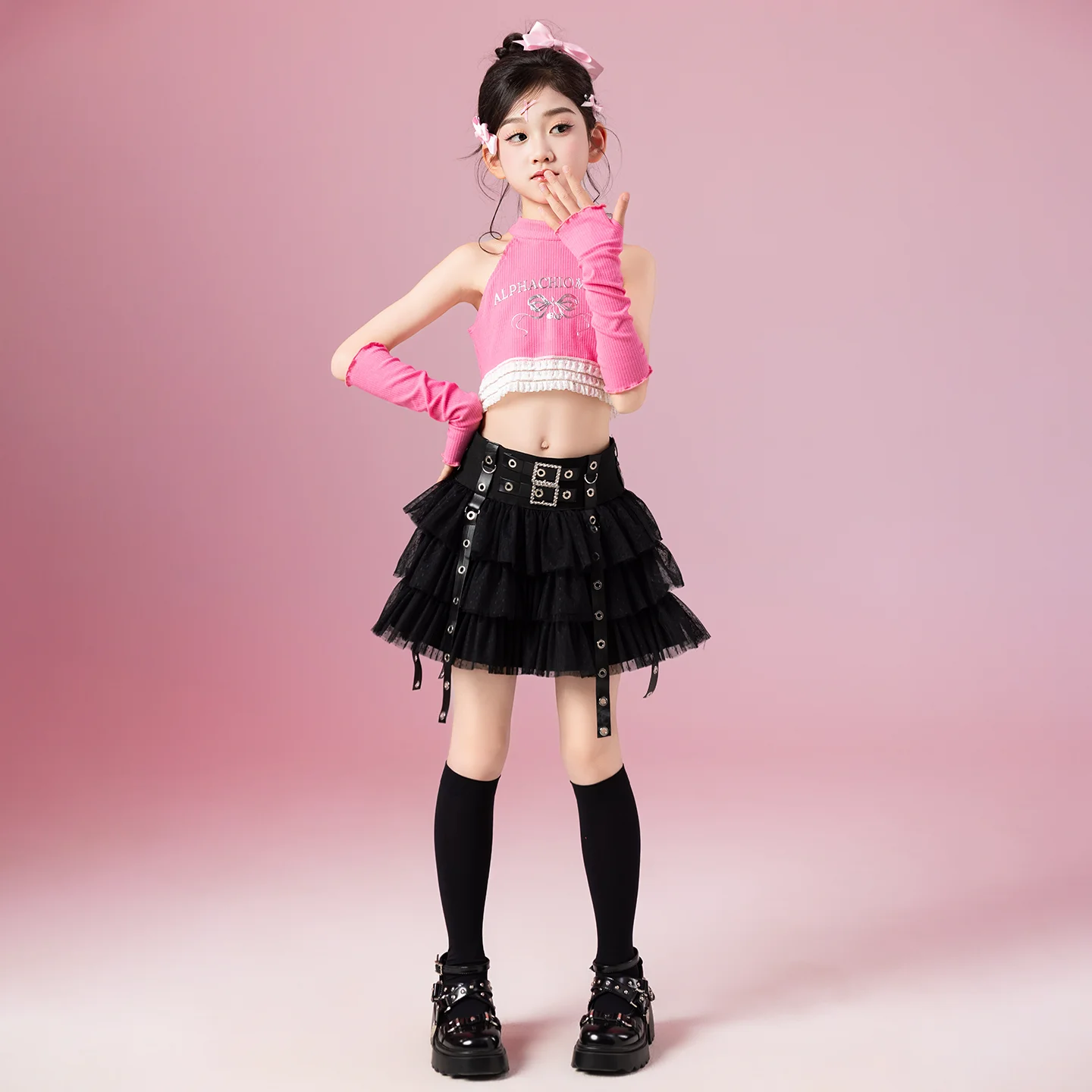 Jazz Outfit Ragazze Kpop Dance Stage Wear Modello Show Performance Suit Canotta rosa Gonna torta nera Abbigliamento da ballo jazz per bambini 3729