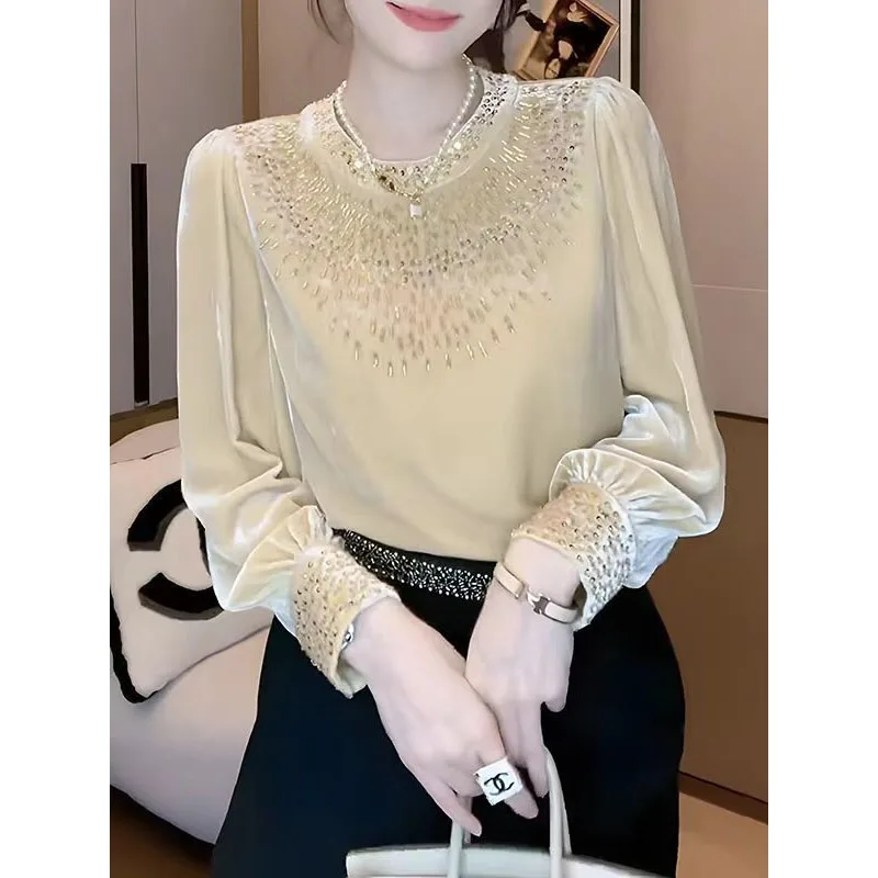 Spring Autumn New Women\'s Heavy Industry Hot Diamond Solid Color Crew Neck Versatile Fashion Loose Long Sleeve Chiffon Tops