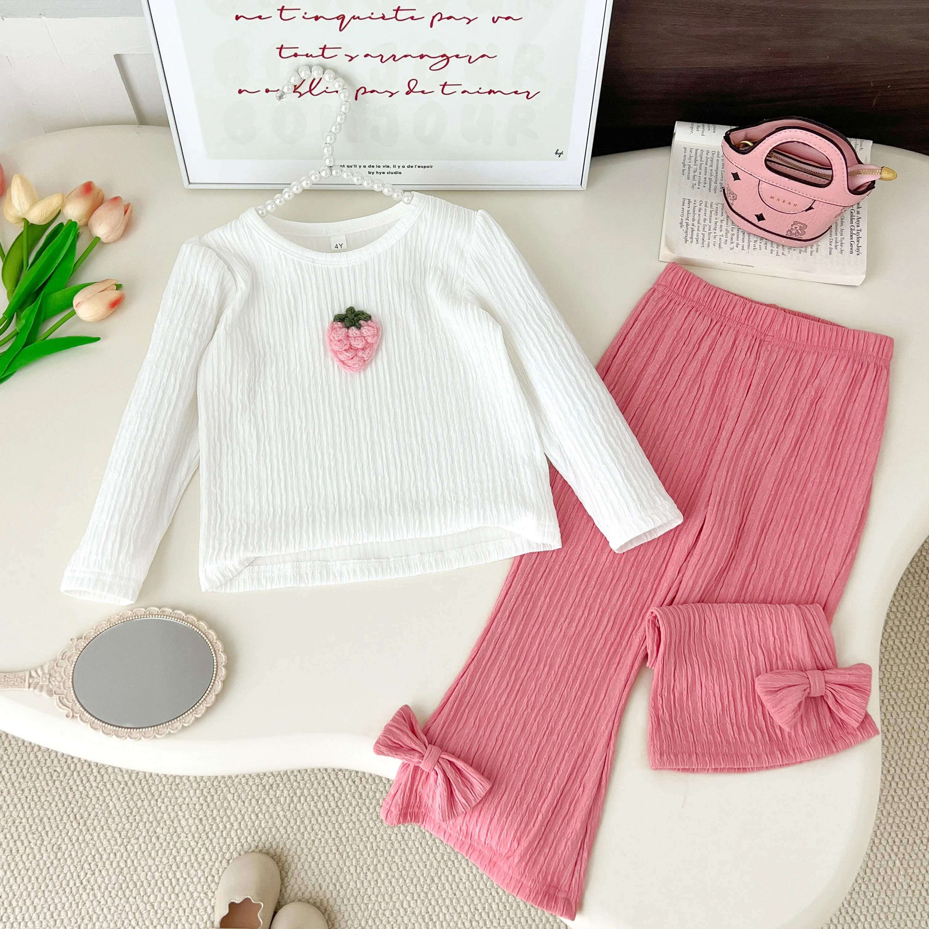 الفكاهة الدب ربيع الخريف الفتاة البدلة الفراولة طويلة الأكمام هوديي + السراويل تناسب ملابس الأطفال