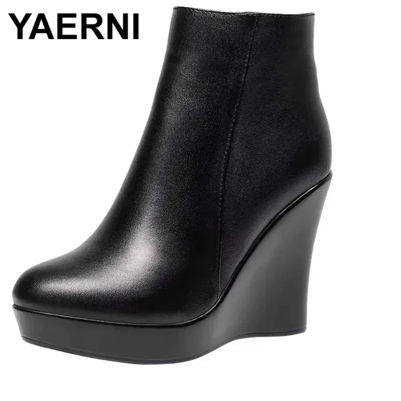 

2025 Genuine Leather Ankle Boots Women Platform Fashion Wedge Boot Shoes For Women Sexy Round Toe Autumn Winter High Heel