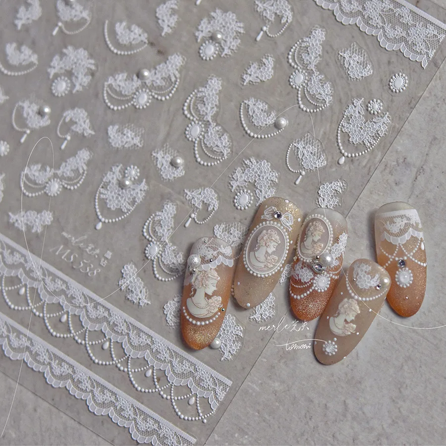 1pcs 5D Diamond Japanese White Lace Bow Nail Art Stickers Pearl Rhinestones Nail Decoration Adhesive Decals Slider DIY Accessory
