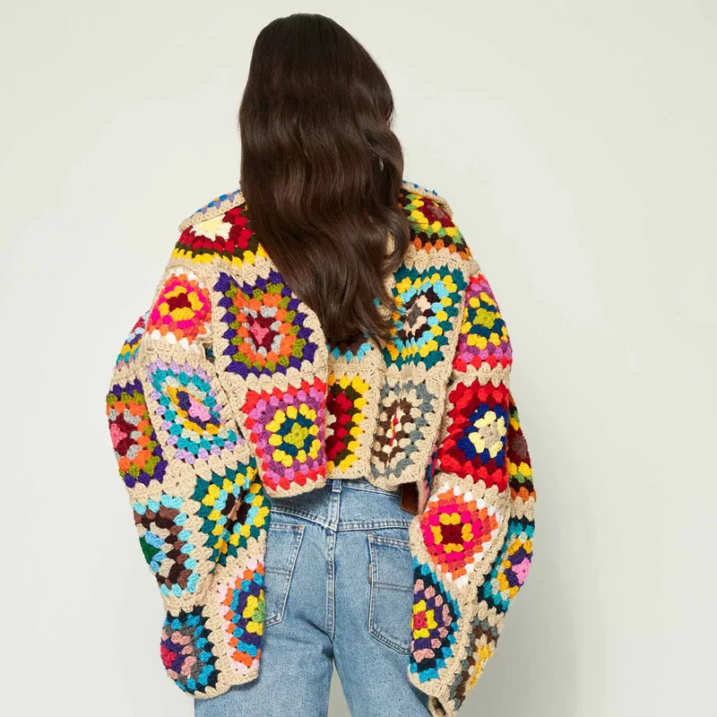 Colorful Crochet Sweaters Granny Square Turtleneck Cute Cardigan Boho Afghan Stitching Coat Color Patchwork Clothing For Lady