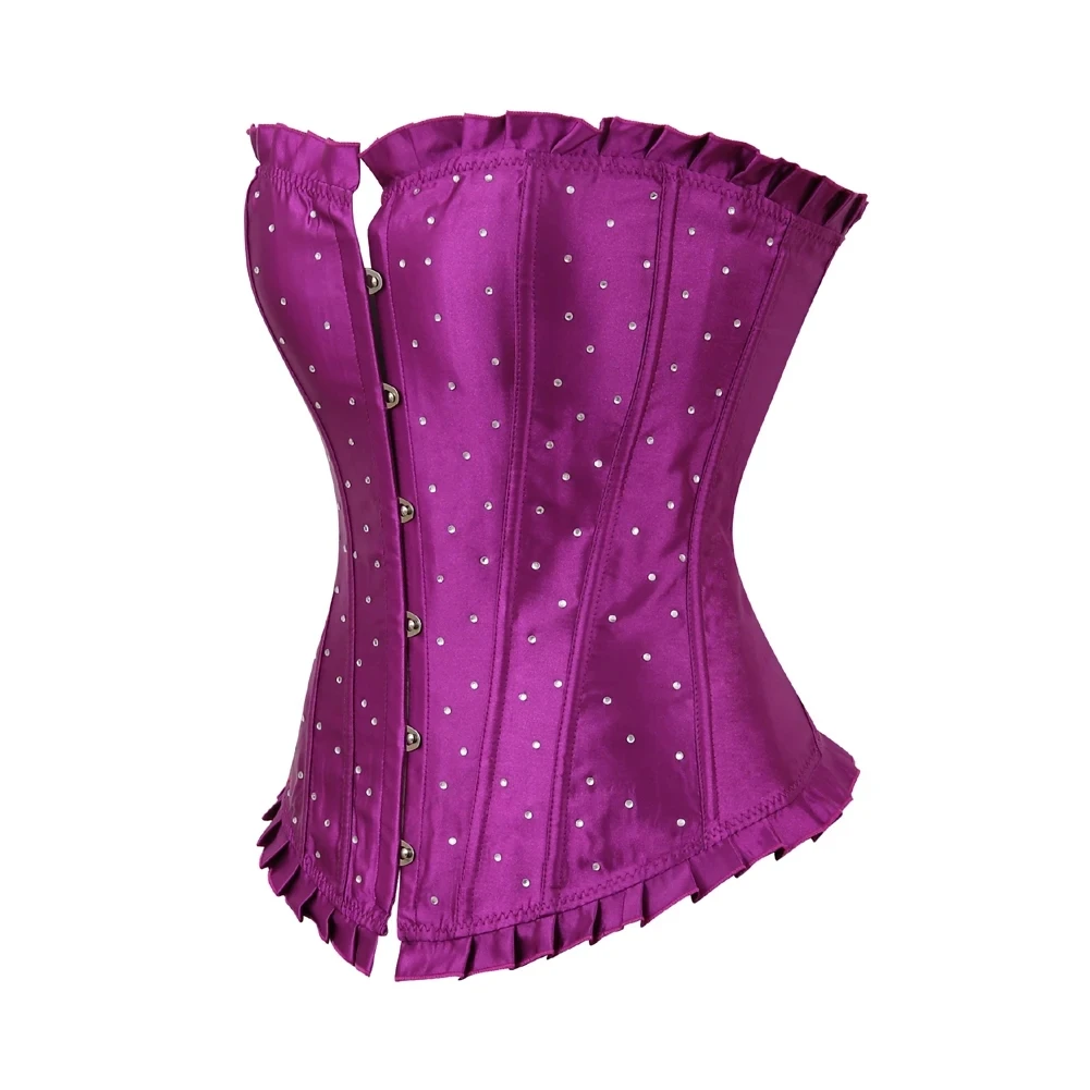 Purple Satin Rhinestone Corset Women Sexy Lace Up Overbust Bustier Top Showgirl Bodyshaper Corset Burlesque Vintage Style Korset