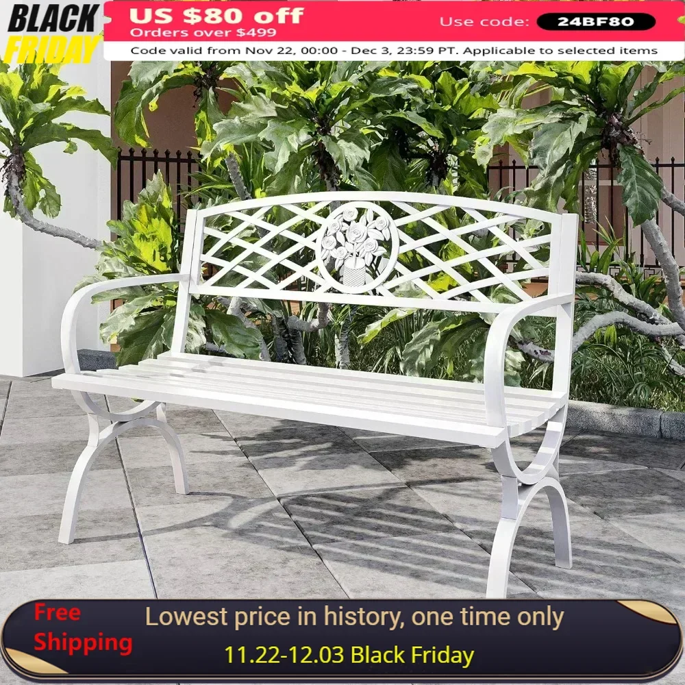 

Outdoor Garden Bench, Cast Iron Metal Loveseat Chairs for Park, Antique Rose Accent Style Seat Furniture, White Patio Benches