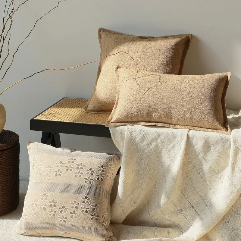 French Jacquard Lace Cushion Cover Neutral Beige Earthy Tone Striped Pillow Case Soft Cotton Textured Fabric for Cozy Home Decor