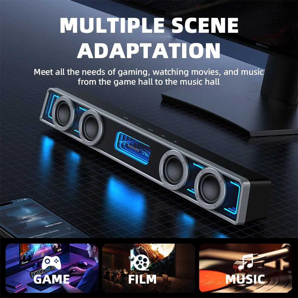 PHILIPS SPA6600 Wireless USB Subwoofer Soundbar Low Latency Four Unit Stereo RGB Gaming Powerful Speaker for Music Theater