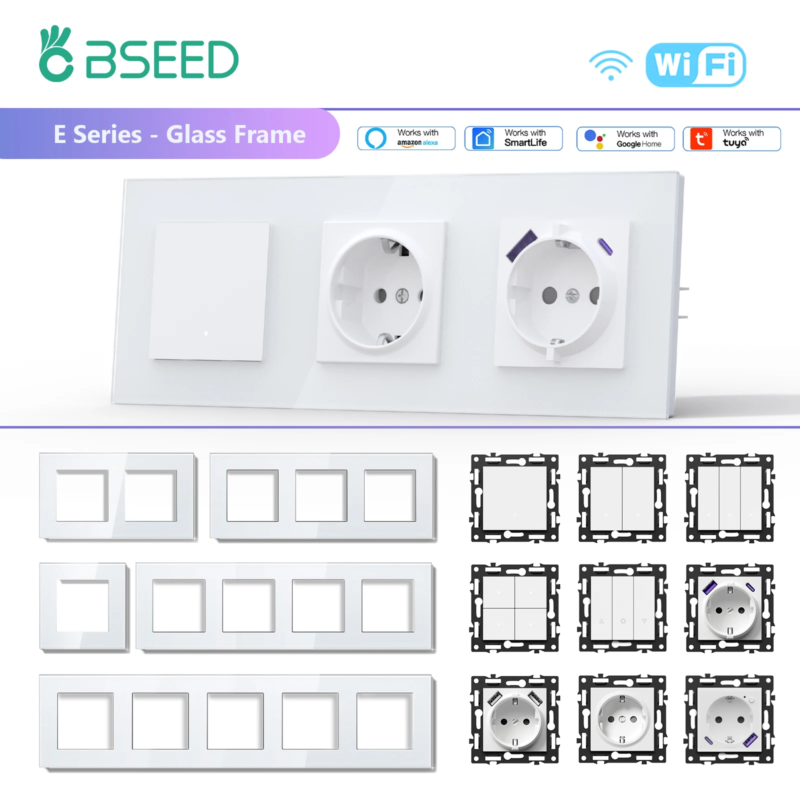 BSEED 1/2/3/4Gang Wifi Smart Switches Light/Curtain /Dimmer Click Buttons Type-c USB Sockets DIY Function Parts EU Glass Frames