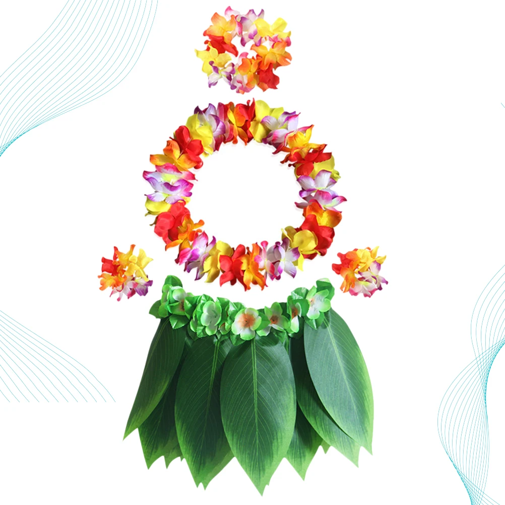 

5pcs Hawaiian Costume Set Leaf Skirt Floral Wreath Headband Bracelet For Luau Party Beach Festival Decoration Supplies Handmade