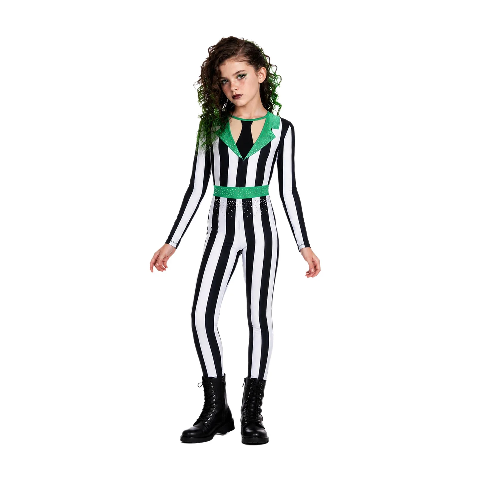 Clown Costume Children' Stripe Jumpsuits Kids Girls Shiny Rhinestone Zipper Bodysuit for Halloween Party Role-playing Costumes