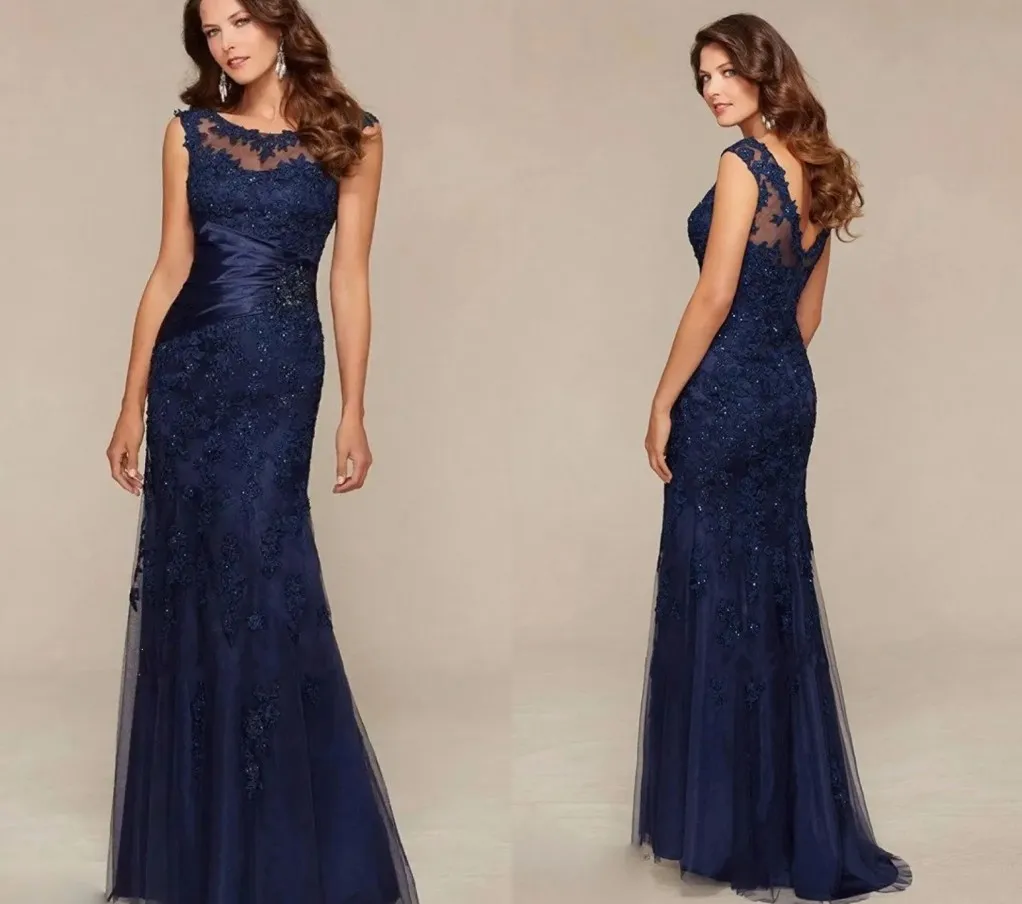 2025 Vintage Moeder van De Bruid Jurk Scoop Zeemeermin Kralen Kant Applicaties Marineblauw Bruiloft Gast Partij Jassen Nieuwe