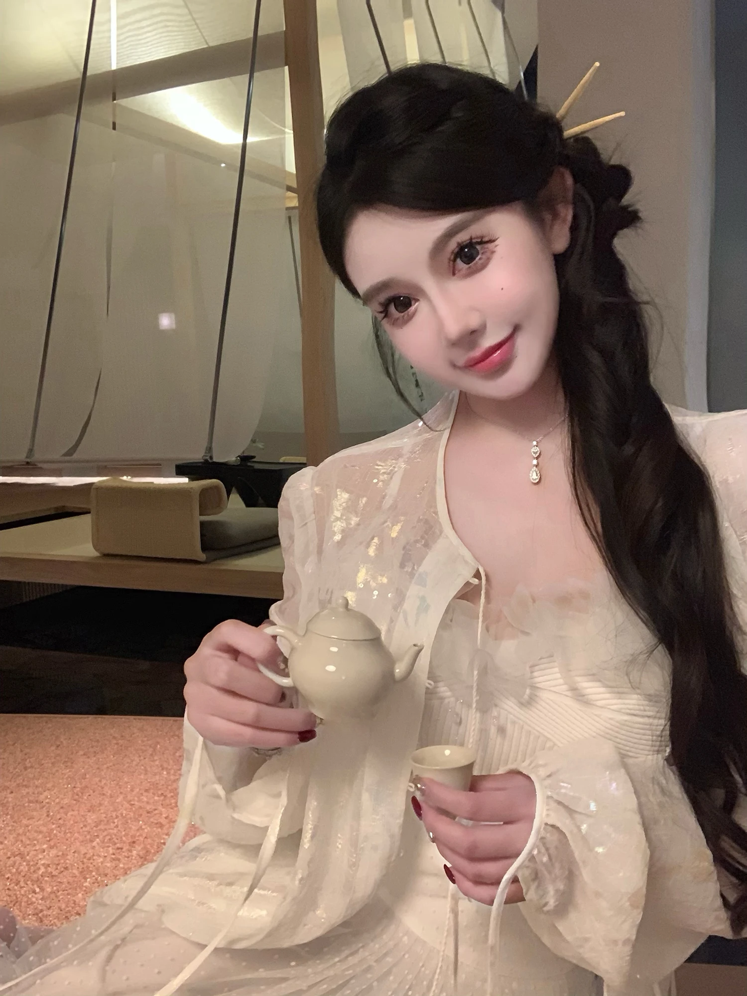 

Glass Silk Mermaid Fairy Tassel Belted irt New Chinese Sle 3D round Ne Long Sve Loose Fit Women's irt