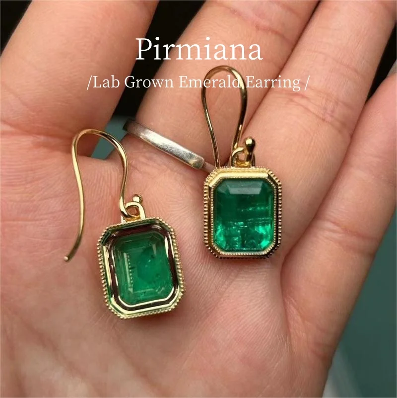 Pirmiana Custom Design 18K Yellow Gold Earrings for Women 9ct Collection Lab Grown Emerald Jewelry