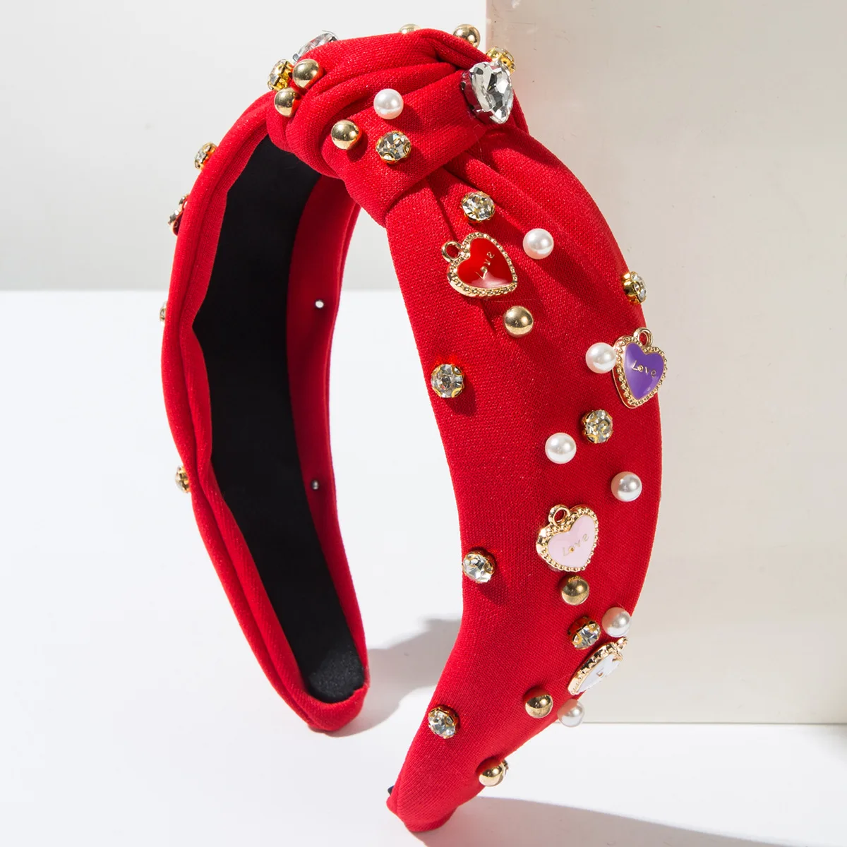 New Women Knotted Headband Heart Enamel Charm Pearl Rhinestone Decor Wide Fabric Hair Hoop Valentine Party Hair Accessories view 4