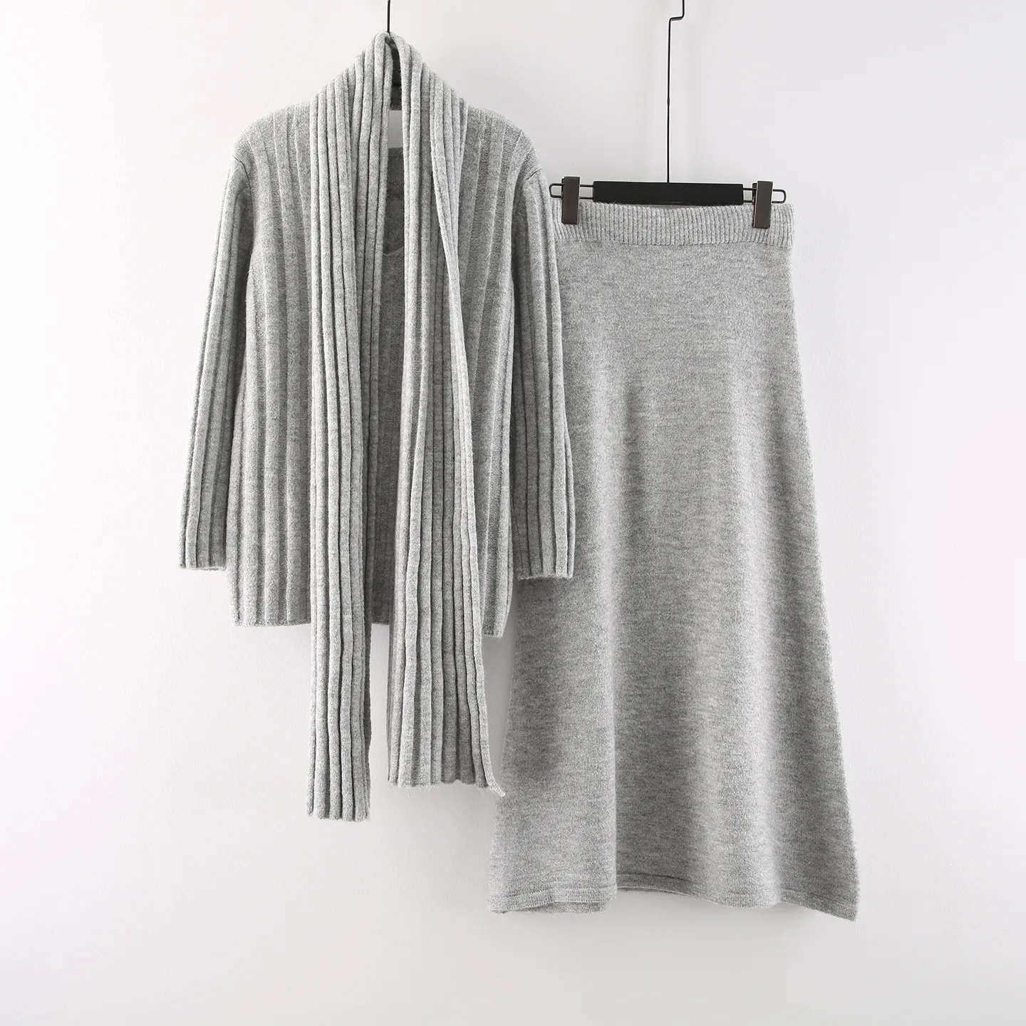 ZAMOR Korean High Sense Casual Knit Three Piece Set Women Winter Loose Scarf Sweater and Long Skirt Outfit