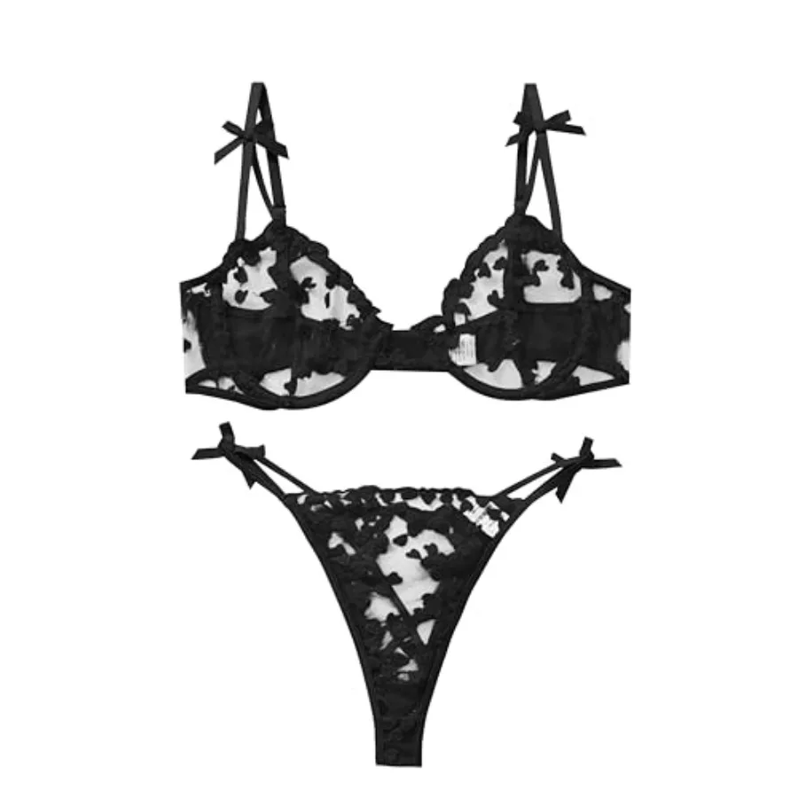 

Sexy Underwire Cute Push Up Strappy Embroide Mesh Sheer Lingerie Set See Through Panty Bra