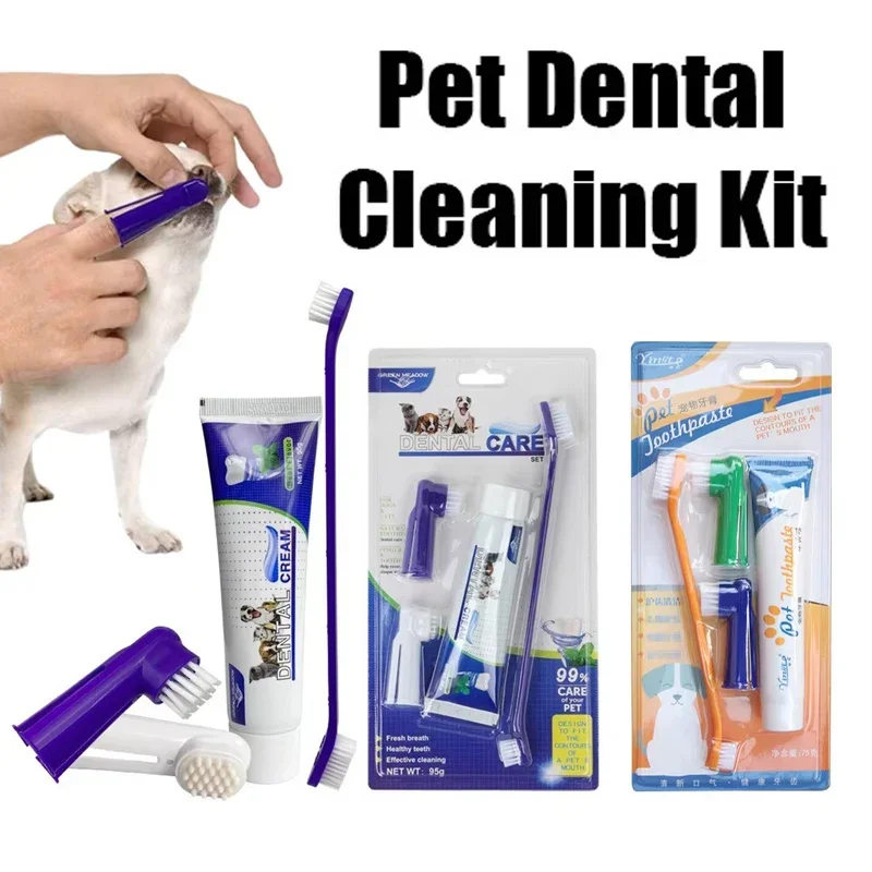 Pet Toothbrush Toothpaste Finger Set Cat Dog Oral Cleaning Care Fresh Breath Cute Modeling Double Head Toothbrush Pet Supplies