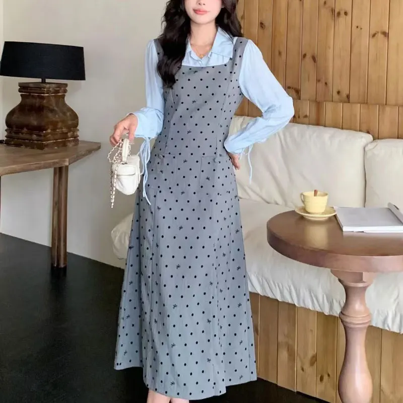 

Polka Dot Polo-Neck Midi Dress Spring Autumn Fake Two Pieces Patchwork Female Clothing Button Commute Stylish Drawstring Dresses