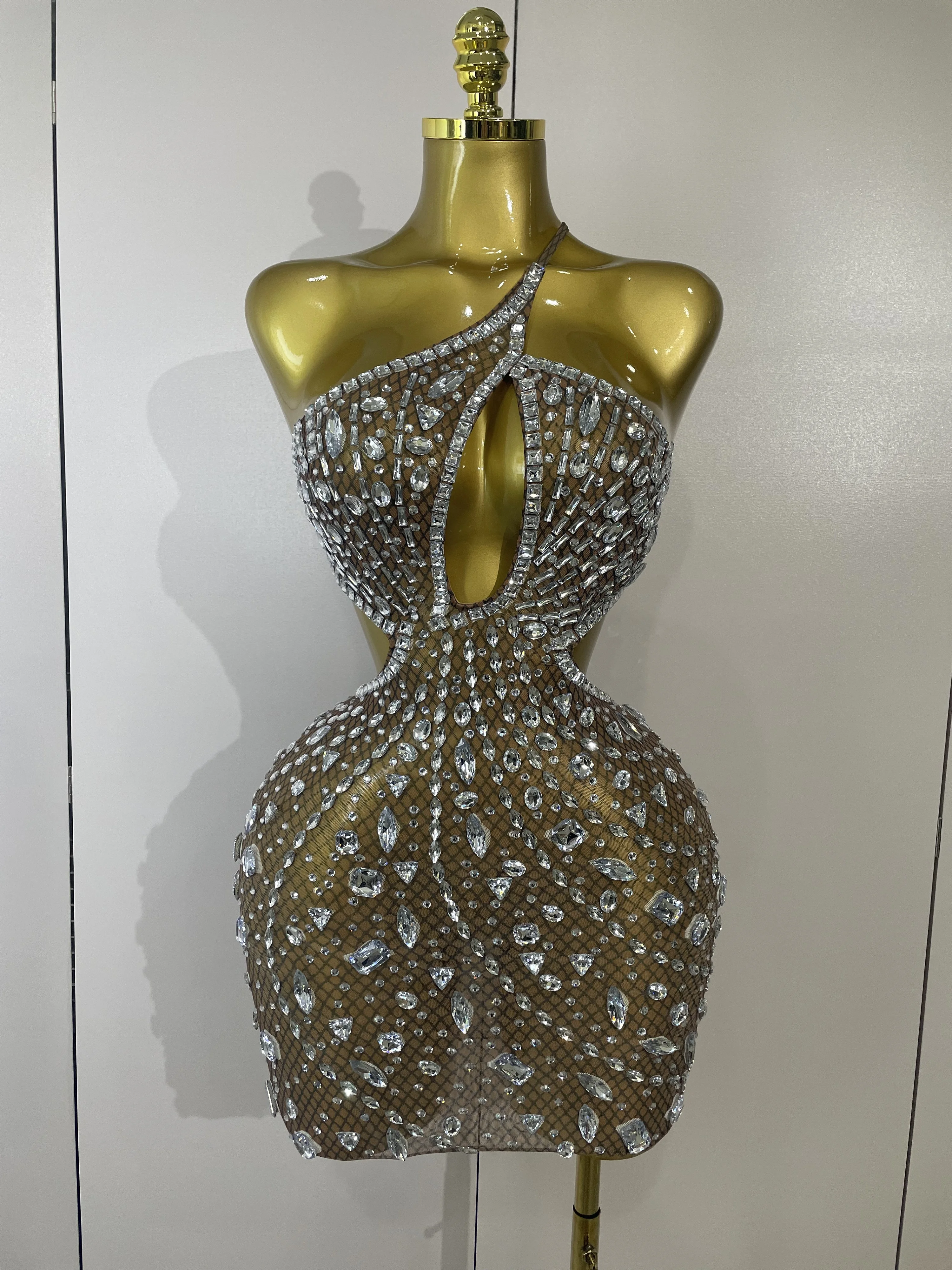 Stock Women Sparkly Big Crystal Sexy Off the Shoulder Mesh See Through Mini Dress Nightclub Party Celebrate Birthday Dress