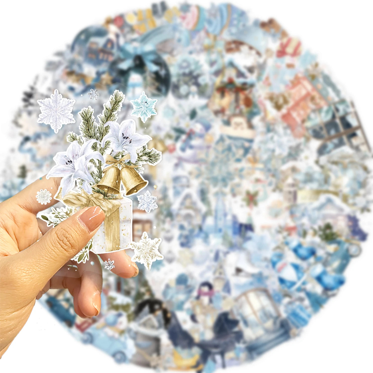 50PCS Blue Winter Snowflake Sticker Frosty Ice Crystal Pattern Waterproof Vinyl Decals Water Bottle Laptop Stationery Decoration