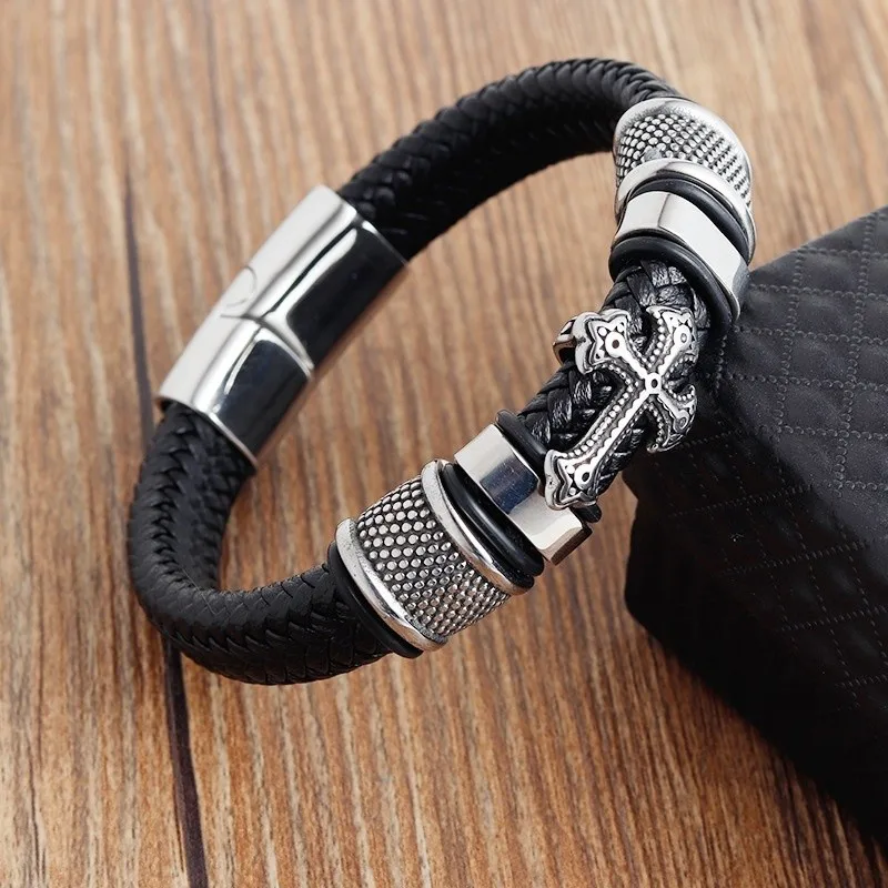 

Fashion Stainless Steel Cross Bangles with Charms Chakra Men Classic Punk Leather Bracelet Male Braided Multilayer Bracelet