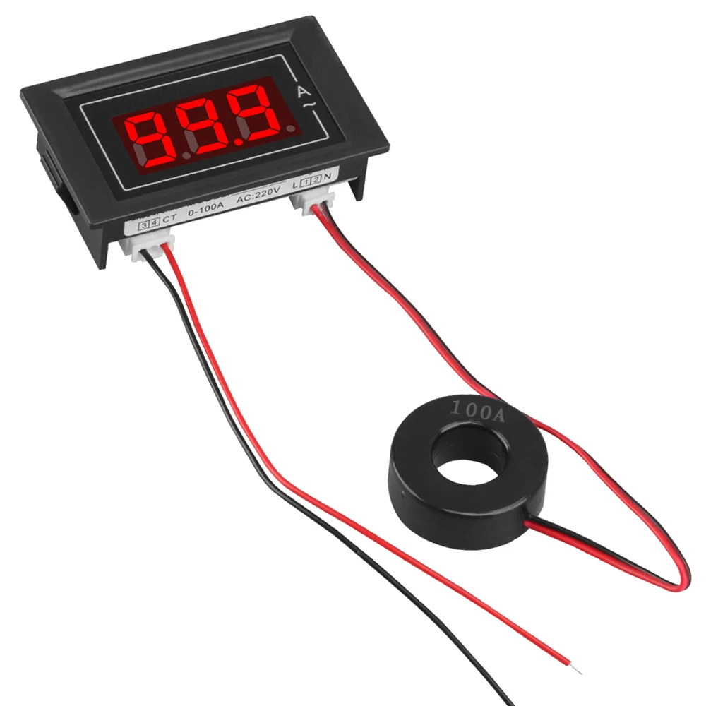 1-99.9A LED Digital Ammeter Amp Meter AC 220V 100A Current Tester Detector 2 Wire Amperage Tester Gauge with Current Transformer