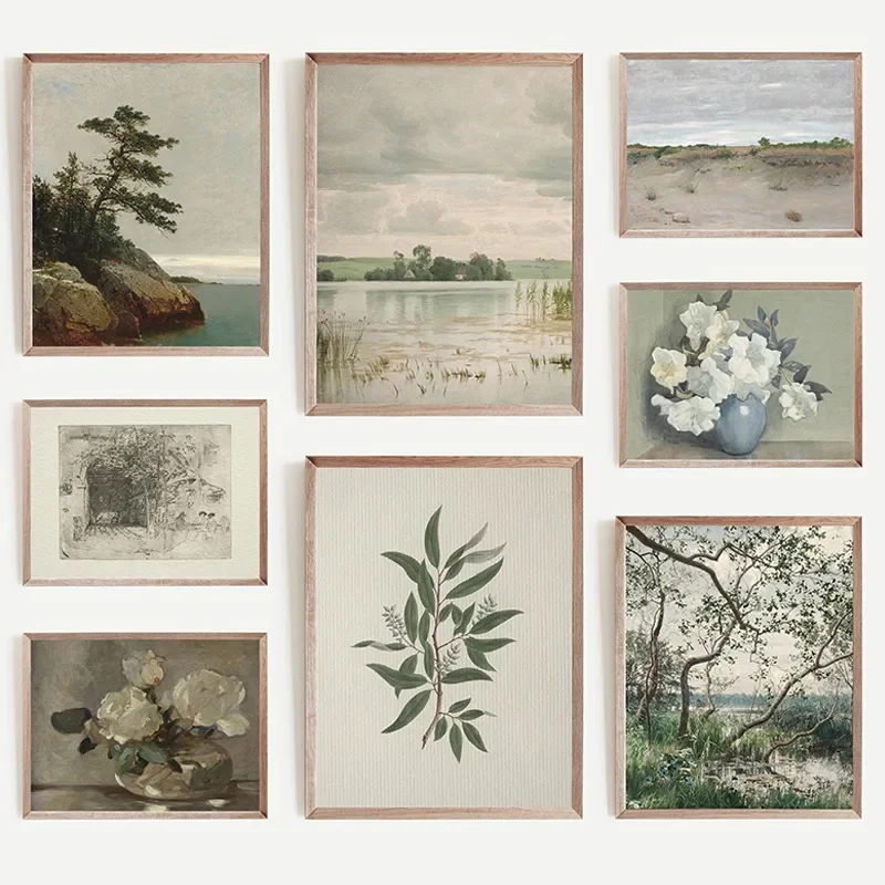 Vintage French Country Landscape Light Neutral Set Poster and Prints Canvas Painting Wall Art Floral Picture for Room Home De