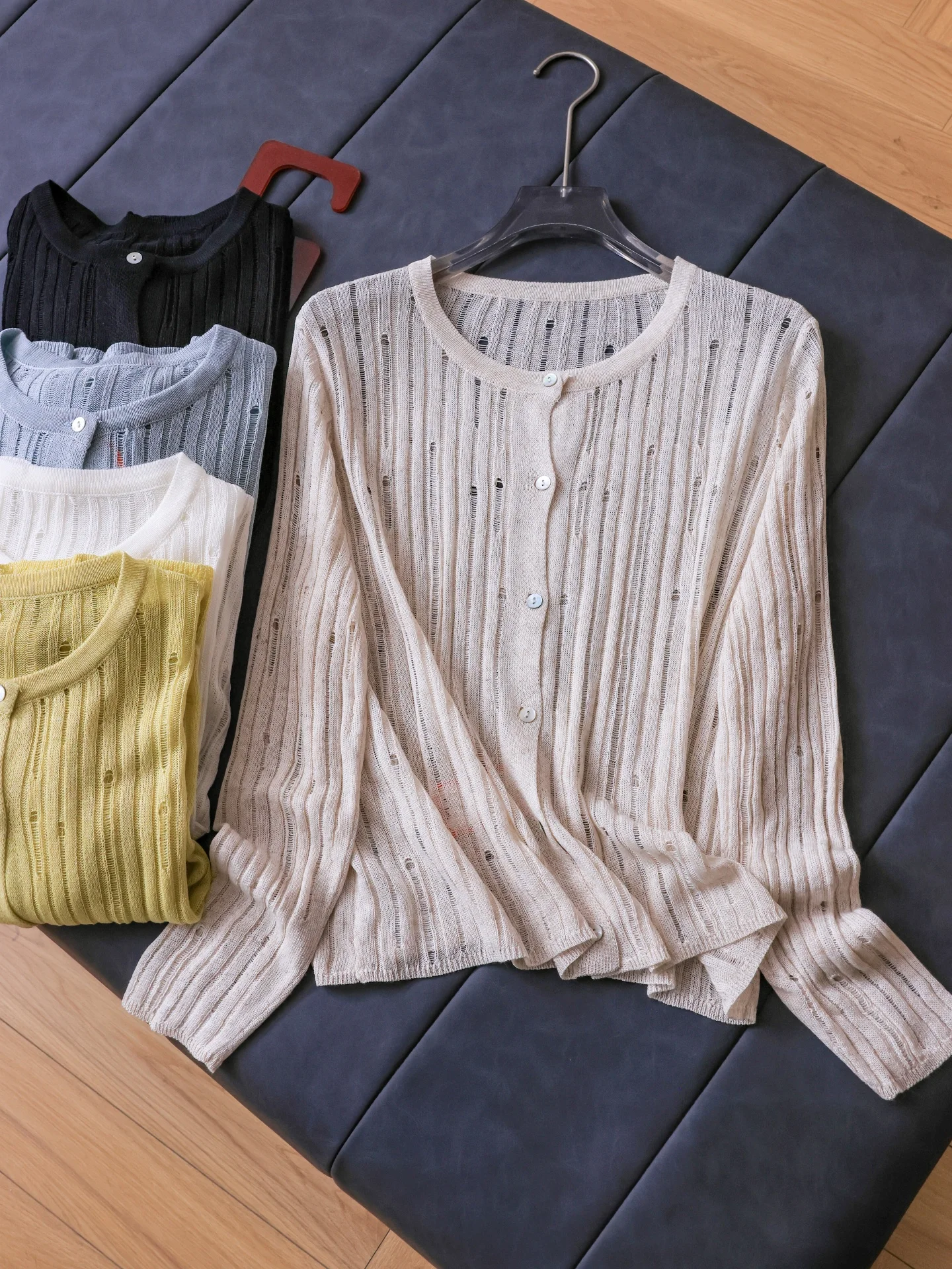 Pure Color Hollow Thin Sun Protection Long Sleeve Air Conditioned Knitwear round Neck Summer New Style Women's Soft Casual Wear