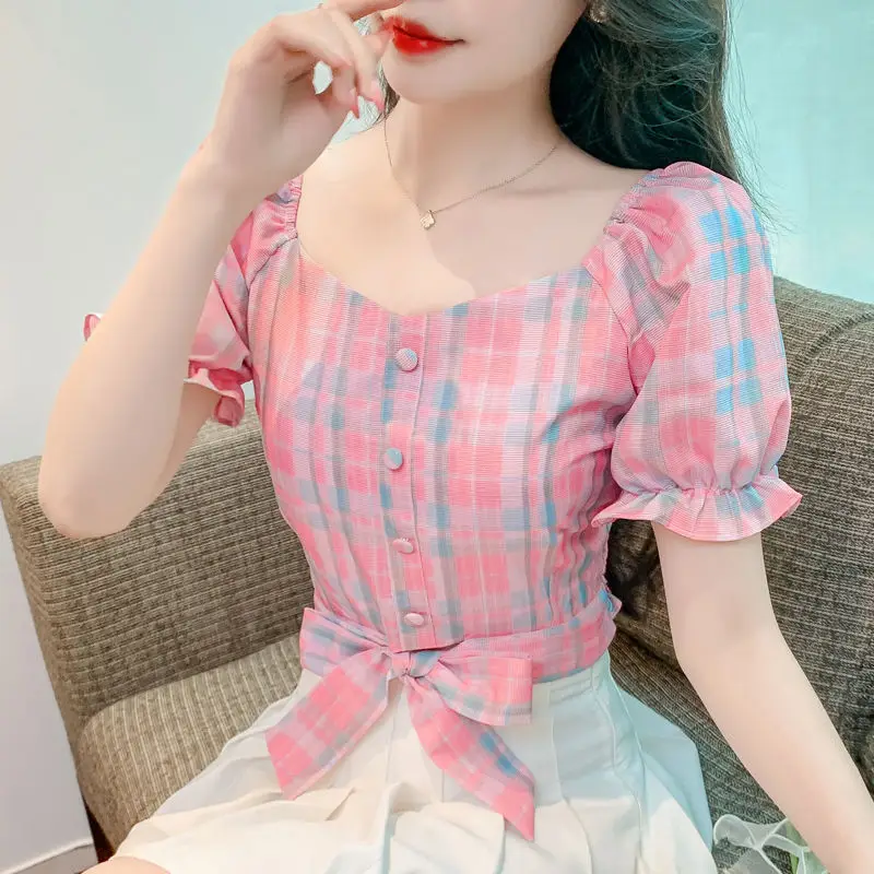 

Japanese Style Sweet Gingham Bow Short Sleeve Cotton Chiffon Blouse