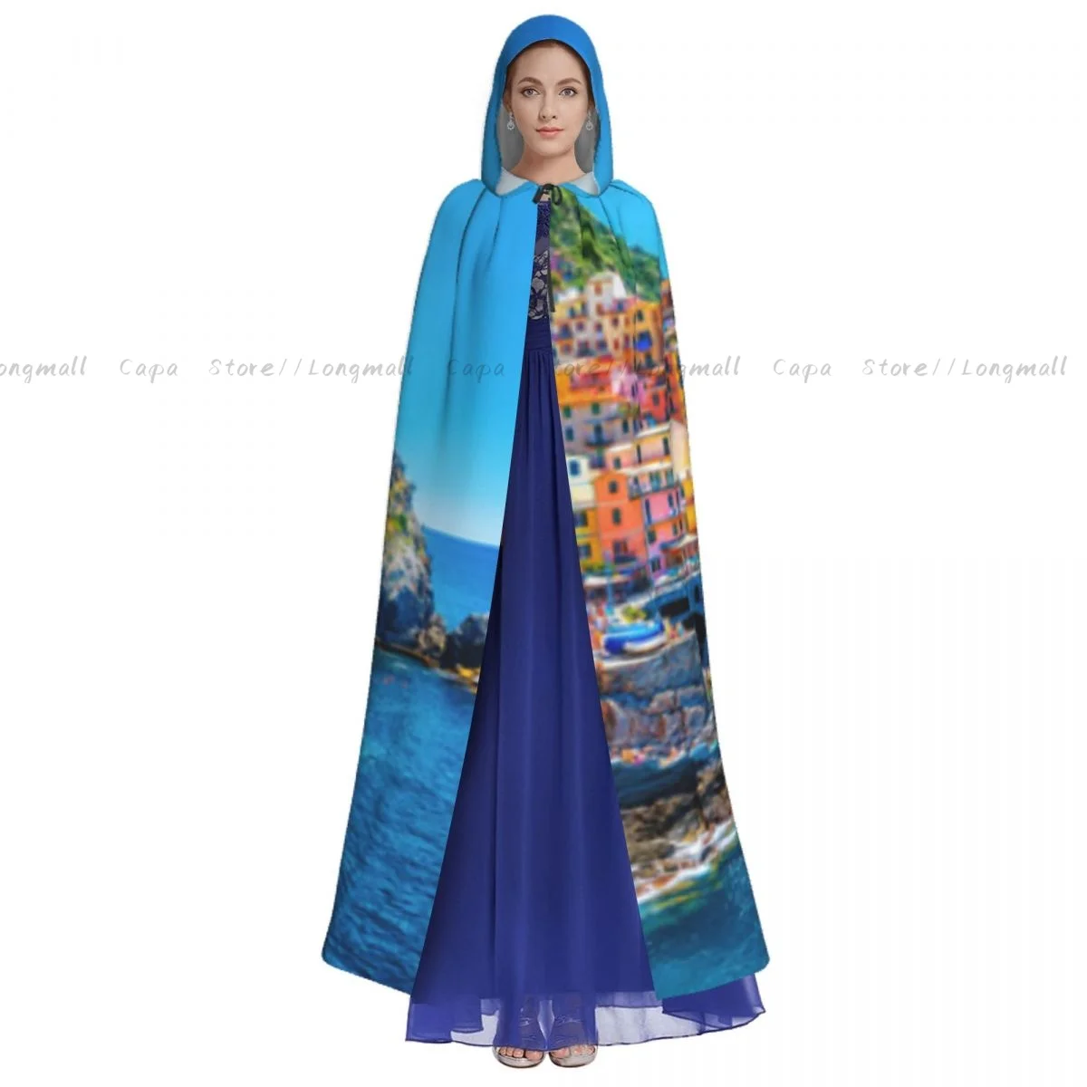 Cosplay Medieval Costumes Cityscape Over Mediterranean Sea Europe Cinque Terre Hooded Cloak Capes Robes Jackets Coat Carnival