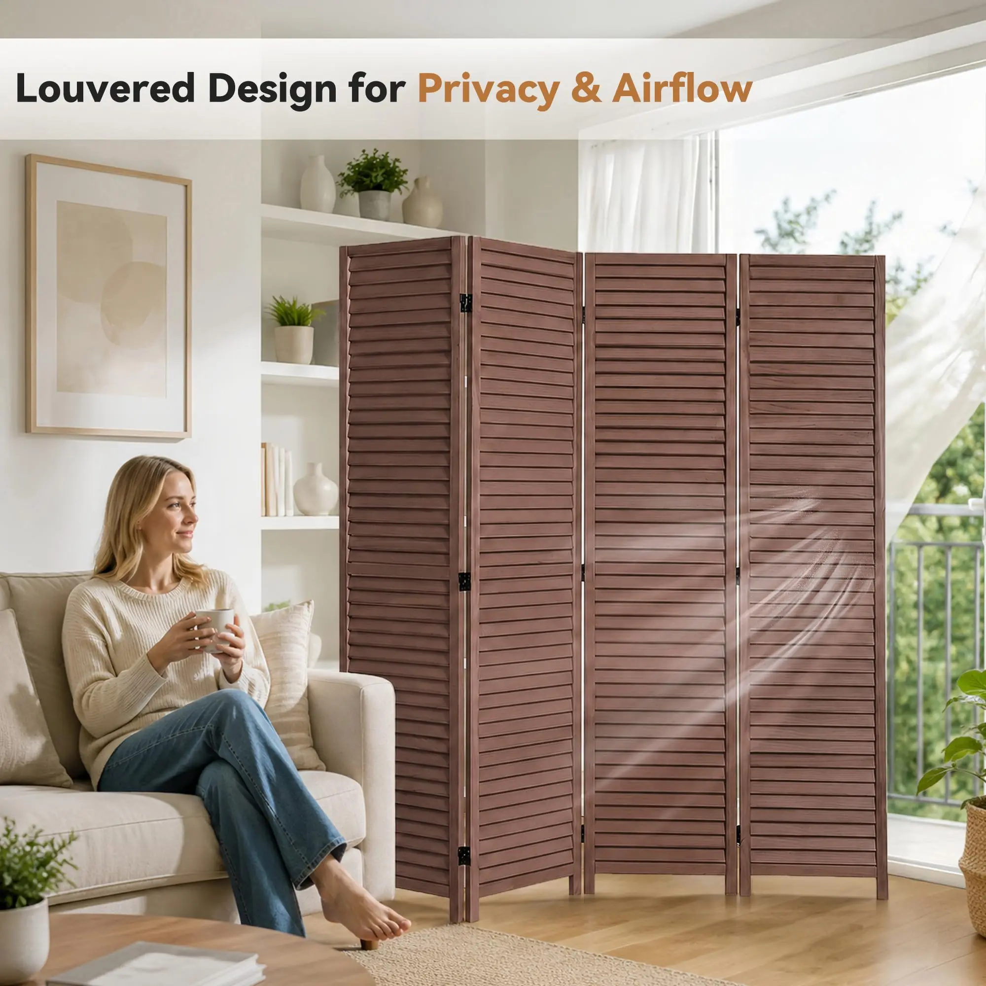 Wood Room Divider - 5.6 Ft Folding Privacy Sn