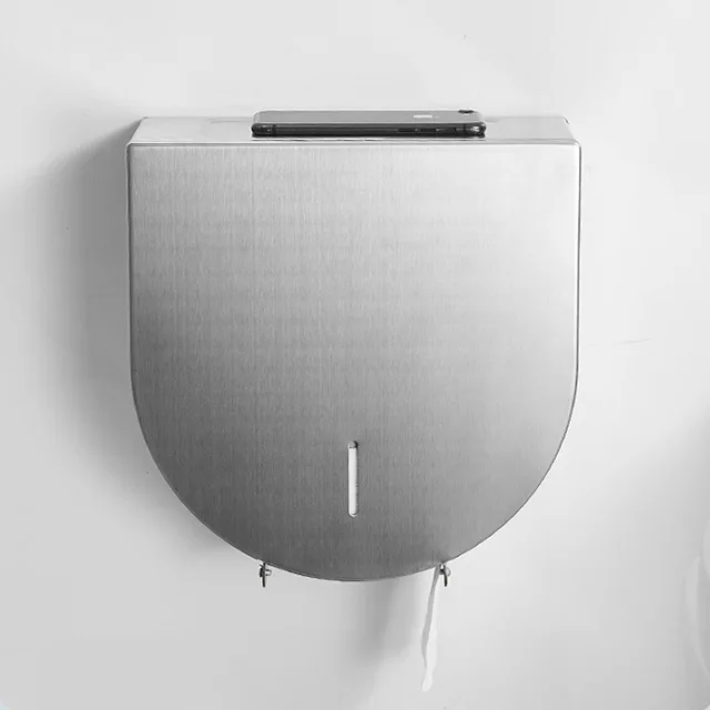 304 Wall Mounted Lockable Jumbo Stainless Steel Roll Paper Towel Holder With Phone Shelf