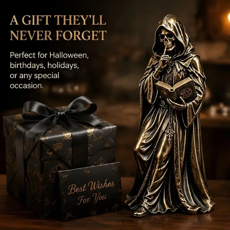 Hooded Reading Figure Statue with Bronze Tone Book Pose, Shelf Accent for Desk and Home Display, 15cm/5.9inch Collector Y5GB