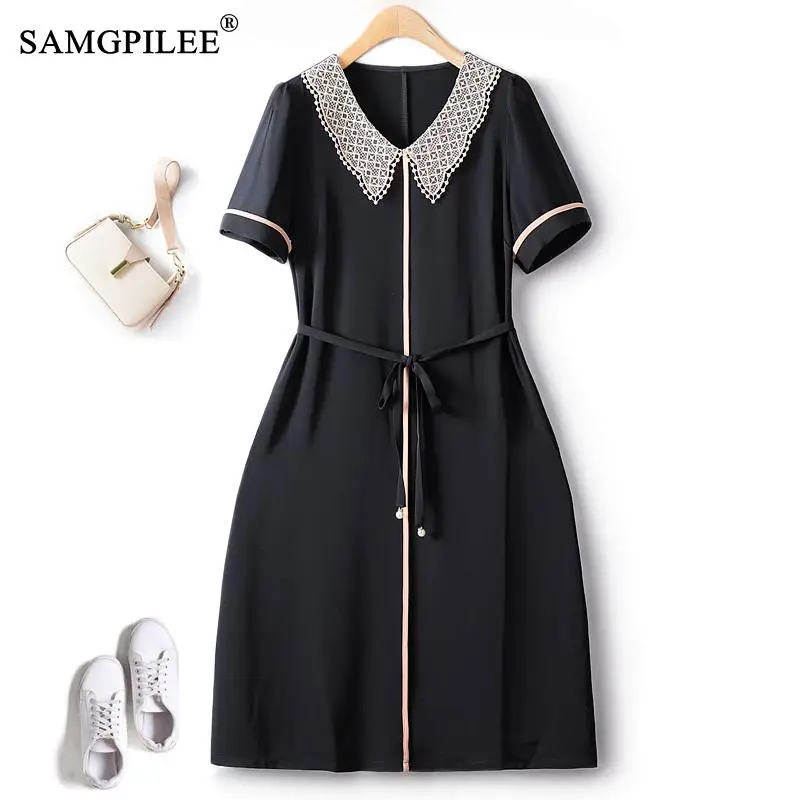 

European Station Hepburn Style Peter Pan Collar Hook Flower Contrast Color Drape Short Sleeve Tie Rope Waist Elegant Dress Women