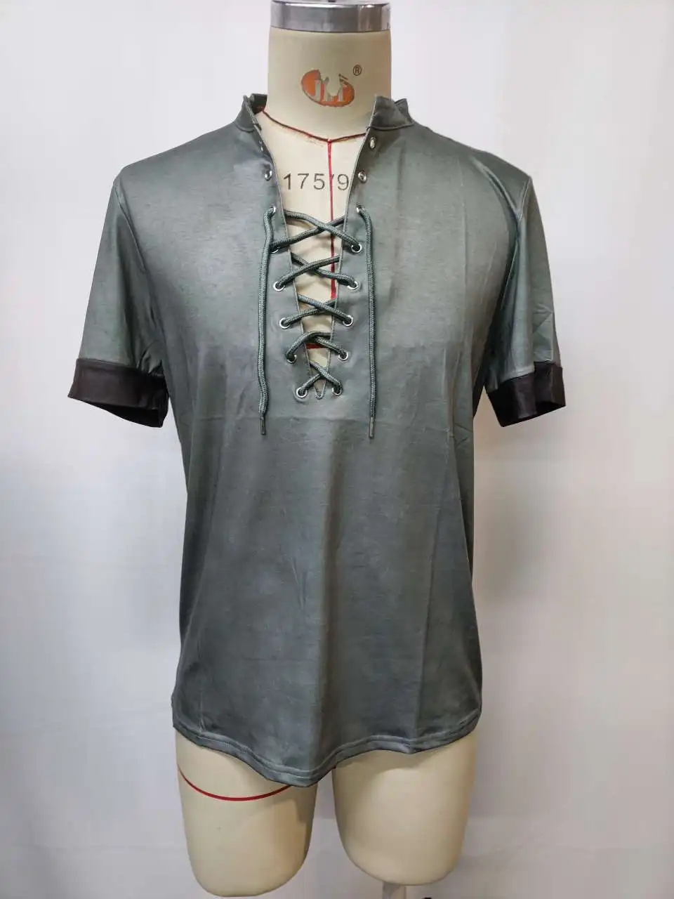 2025 Spring and Summer Men's Retro V-neck Lace-up Casual Color Matching Short-sleeved T-shirt