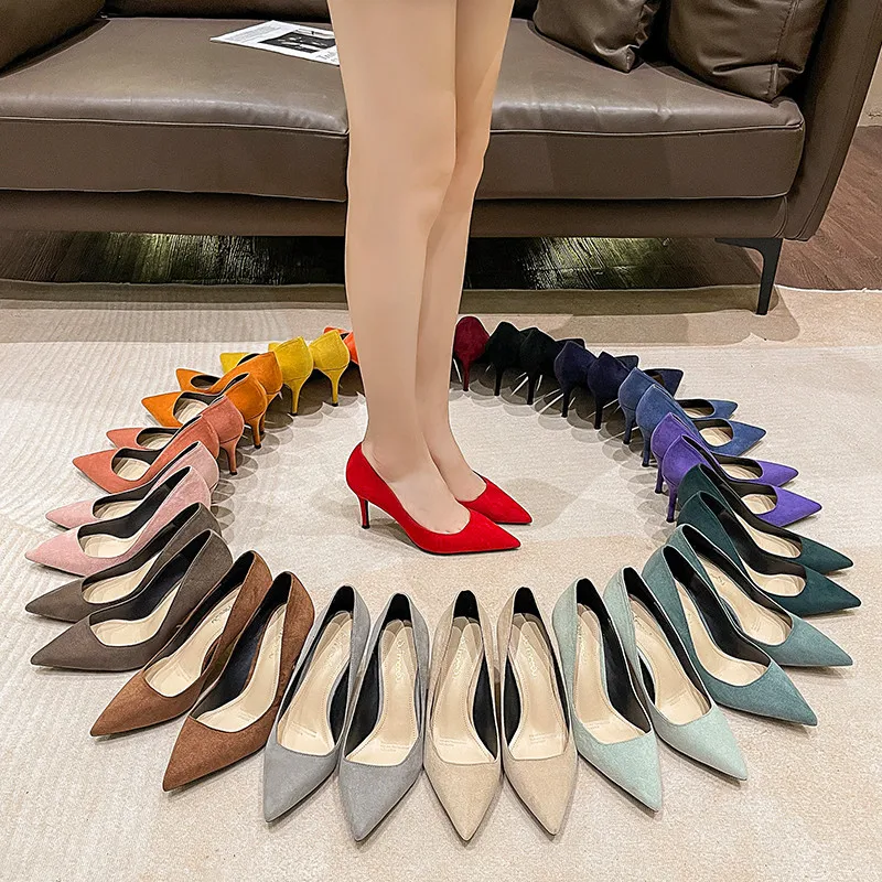 18 Color Suede High Heels Women's Thin Heels 2021 New Professional Temperament Pointed Suede Work Sheet Shoes for Women