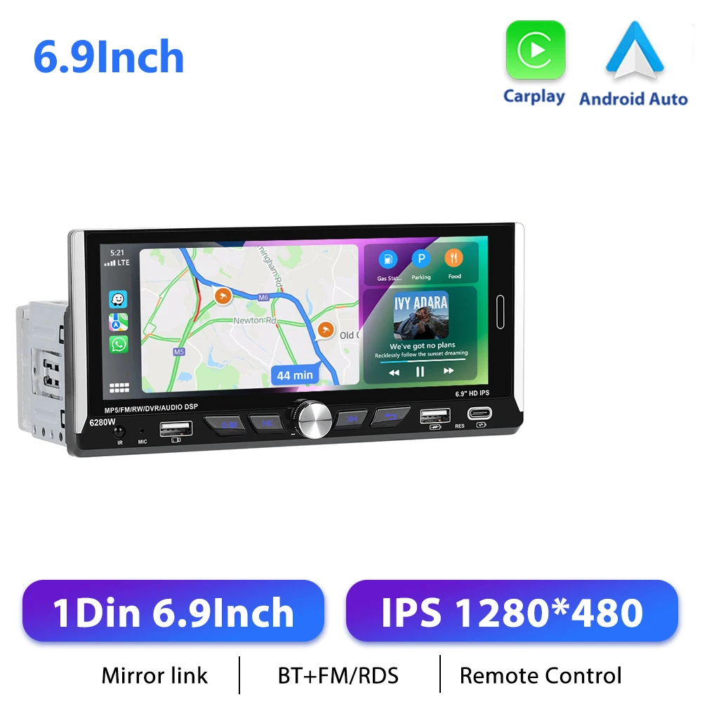 Podofo 1din Draadloze CarPlay Android Auto Radio 6.9 "Universeel 1DIN Auto Intelligent Systeem GPS Stereo Dashboard Head Unit RDS