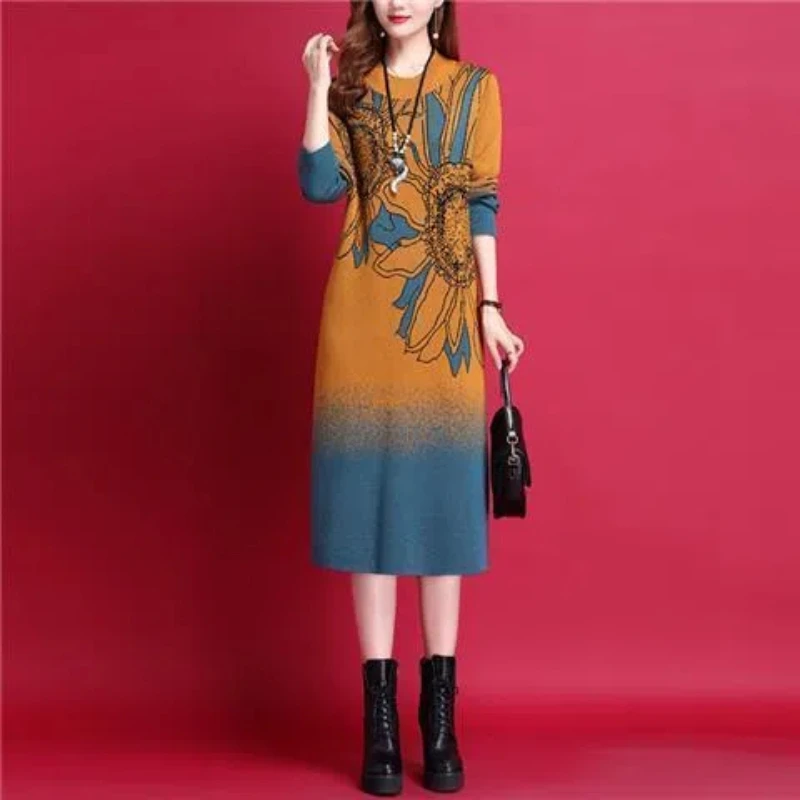 New Middle-aged and Elderly Dress Paired with Coat Autumn Winter Knitted Sweater Women Look Slim Knitted Long Sleeves Dresses