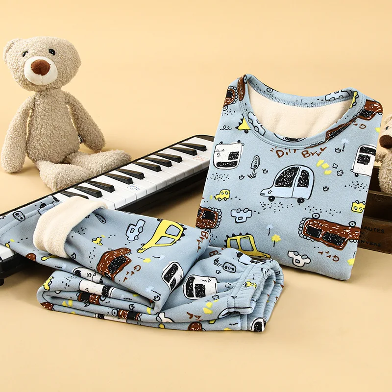 Kids Autumn Winter Thicken Warm Pajamas Baby Cute Cartoon Long Sleeve O-neck Pyjamas Boys Girls Casual Sleepwear Clothing Sets